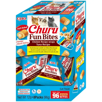 INABA Churu Fun Bites, Pui și Ton, cutie recompense fără cereale pisici, 96g