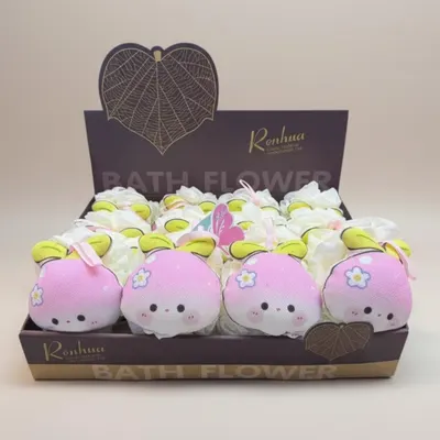 Set EN GROS 16 Bureți de Baie Tip Floare, Model Piersică Kawaii, Cu Șnur de Agățare