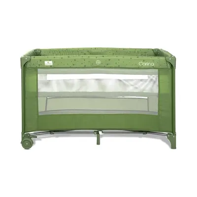 Patut pliabil pentru copii Lorelli Carina Green Stars, 2 nivele, deschidere laterala cu fermoar, prevazut cu roti cu frana