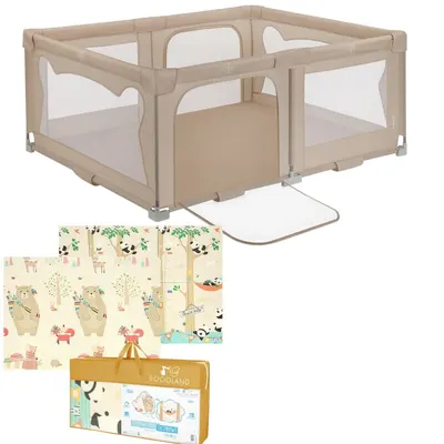 Pachet Tarc de joaca copii, Lionelo, Florence, 150 x 180 cm, Conform cu EN 12227:2010, Bej si Covoras educativ, Bocioland, Panda, Impermeabil, 150 x 180 cm