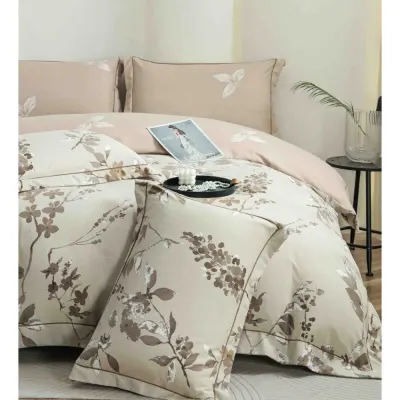 Lenjerie pat dublu, FINET DeLuxe, 6 piese, cu ELASTIC, Jojo Home, Cutie Eleganta, Bej, Flori