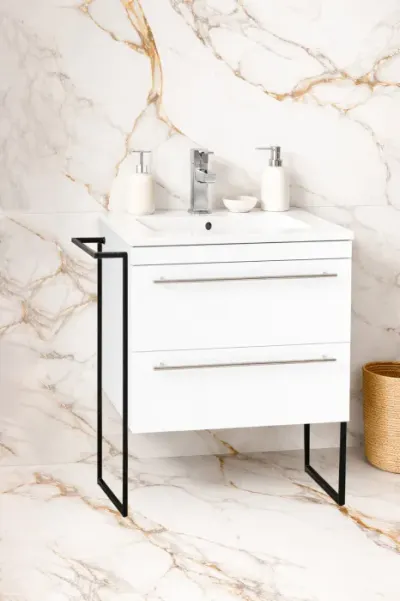 Set Baza front MDF si Lavoar seria 066, cadru metalic, cu sertare, 60 cm, alb