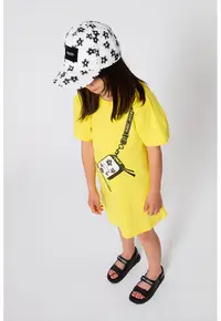 Rochie-tricou cu imprimeu grafic si maneci fluture - Galben