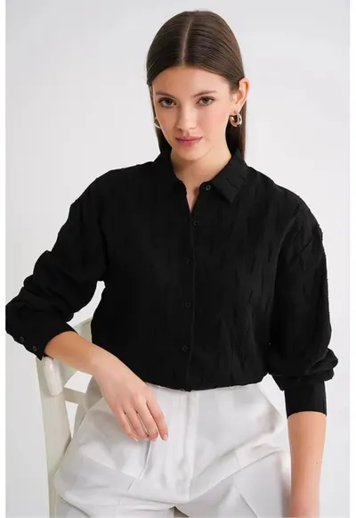 Camasa dama din poplin texturat - Negru