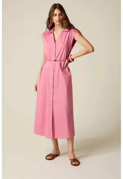 Rochie evazata cu guler ascutit - Roz pastel
