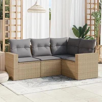 vidaXL Set canapele de grădină, 4 piese, cu perne, bej, poliratan