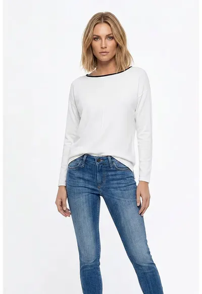 Bluza casual cu maneca lunga - decolteu rotund - croiala regular - lungime pana la sold - din poliester - M1362 - Ecru