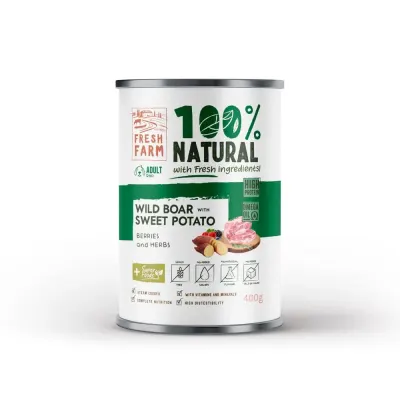 Conserva pentru caini Fresh Farm Coarse Pate cu mistret, fructe de padure ierburi 400 gr