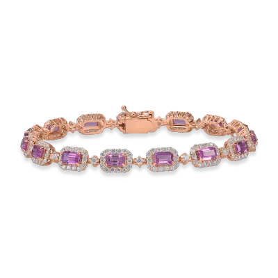 Bratara tennis din aur roz cu safire roz rectangulare de 5.1ct si diamante de 2.2ct