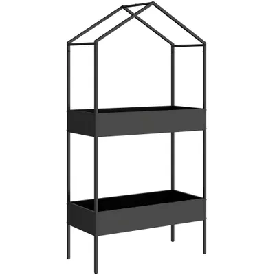 Outsunny Suport plante 2 niveluri în formă de casă, înalt 150 cm, suport flori cu cârlig, metal, Negru | Aosom Romania