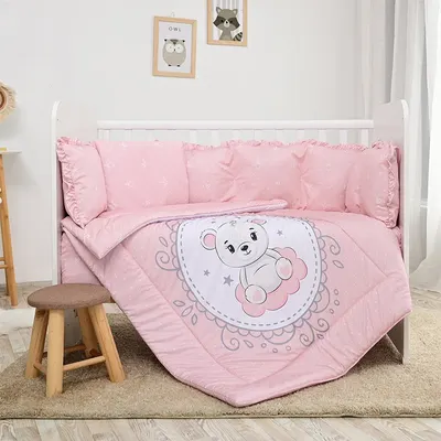 Lenjerie cu 7 piese pentru patut 120x60 cm Lorelli Lily Little Bear Pink din bumbac ranforce