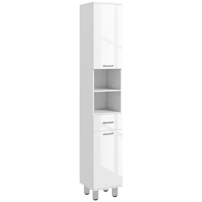 kleankin Mobilier pentru Baie cu 1 Sertar 3 Rafturi Ajustabile și 2 Dulapuri, 30x30x180 cm, Alb Lucios | Aosom Romania