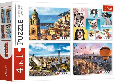Puzzle Trefl din 4 х 1000 piese -Amalfi, Barcelona, baloane și câini