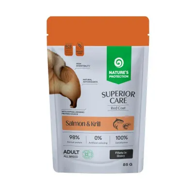 SC Red Coat Grain Free Hrana Umeda pentru Caini Adulti cu Somon si Krill in Sos 85 Gr