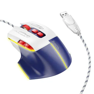 Mouse de gaming pe fir, 1200-3600DPI, 7 Butoane, Hoco GM31, USB-A, Alb/Albastru Engros