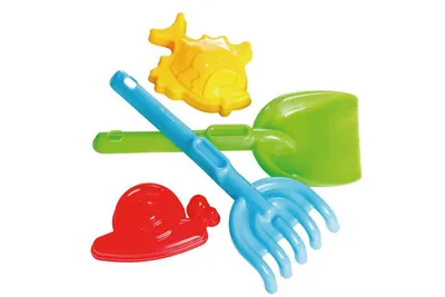 Set de jucarii pentru nisip si plaja, Multicolor, cu lopatica, grebla si forme pentru modelat realizate din plastic, forme rotunjite