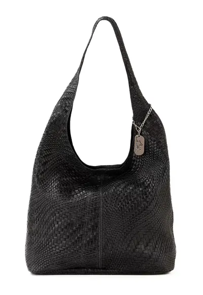 Geanta de piele cu accesoriu logo si bareta de umar - Negru