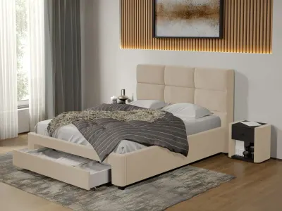 Pat tapitat Cico cu sertar 170 x 114 C1 din piele/stofa Bej - Falcone 102