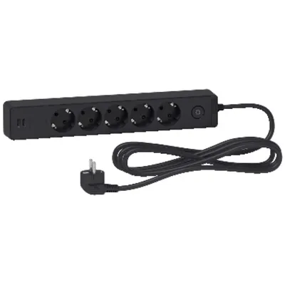 Prelungitor Unica 2P+E, 5 premii + 2 USB + intrerupator, 3m, antracit