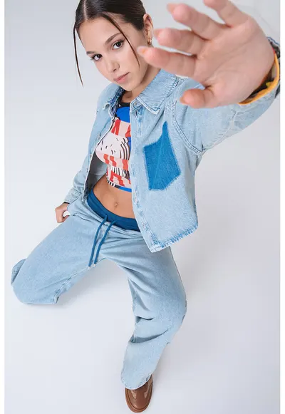 Jacheta crop din denim - Albastru deschis melange