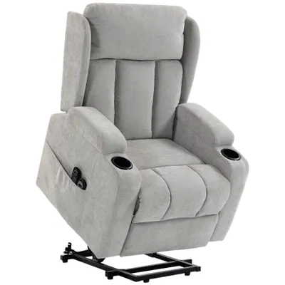 HOMCOM Fotoliu Ridicător Electric cu Masaj și Încălzire, Fotoliu Relax Electric din Chenille, Tetieră Rabatabilă, Gri Deschis | Aosom Romania