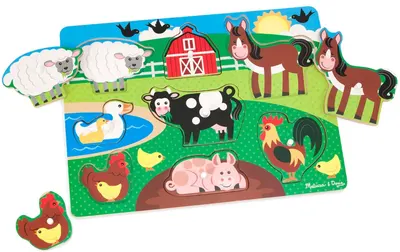 Puzzle din lemn cu mânere Melissa & Doug -Ferma, 8 părți