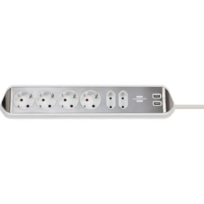 Prelungitor pentru perete/colt Brennenstuhl Estilo 6 prize, 2 USB, 3.1 A, 2m inox, adeziv inclus, argintiu-alb 1153590620