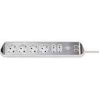 Prelungitor pentru perete/colt Brennenstuhl Estilo 6 prize, 2 USB, 3.1 A, 2m inox, adeziv inclus, argintiu-alb 1153590620