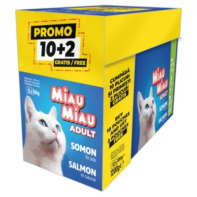 Pachet PROMO Hrana umeda pentru pisici Miau Miau cu somon 12 buc x 100 gr