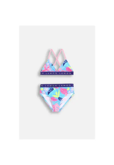 Costum de baie din doua piese cu bretele ajustabile si imprimeu tropical