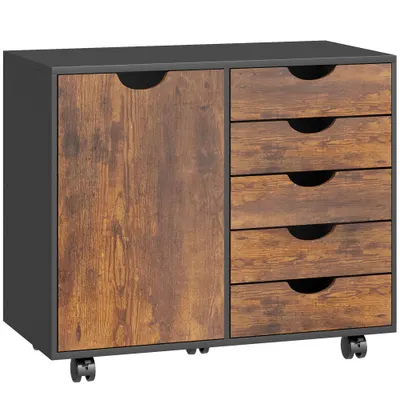 HOMCOM Mobilier de depozitare pentru birou 5 sertare 1 ușă poliță reglabilă, suport imprimantă pe roți, 78x40x66,5 cm, maro | Aosom Romania