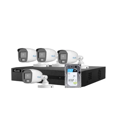 Sistem supraveghere exterior Hikvision HiLooK ColorVu KIT-HL-M-4C-C-0005, 5 MP, 2.8 mm, lumina alba 20 m, microfon, HDD 1TB