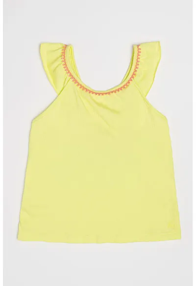 Top cu volane cu broderie - Roz somon/Verde fistic