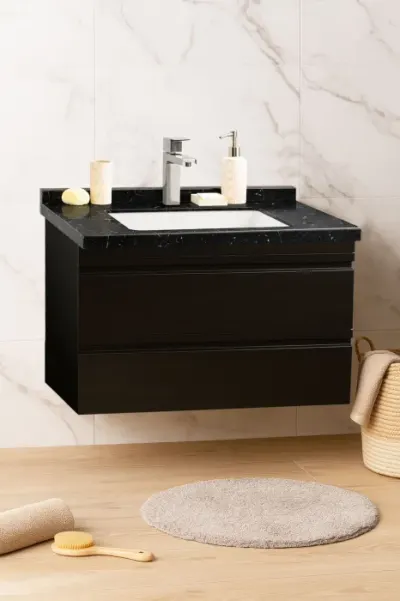 Set Baza front MDF si Lavoar seria 886, suspendata, cu sertare, montat, 80 cm, negru