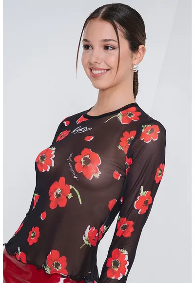 Bluza semitransparenta cu imprimeu floral - Rosu/Negru