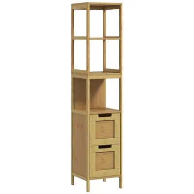 kleankin Dulap Baie Stil Natural dim. 30L x 30l x 144H cm 3 rafturi 2 sertare Bambus | Aosom Romania