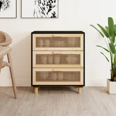 vidaXL Servantă, negru, 60x30x70 cm, lemn masiv pin și ratan natural