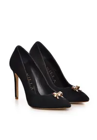 Pantofi Stiletto cu toc subtire piele intoarsa cu accesorii aurii
