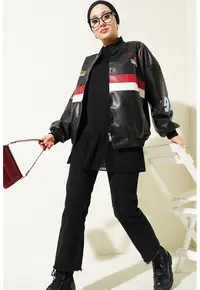 Geaca bomber supradimensionata - piele ecologica - negru