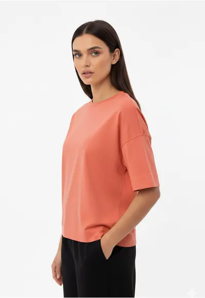 Tricou dama din bumbac cu maneci scurti - Comfort Fit - uni - T-Flame - coral - XXL