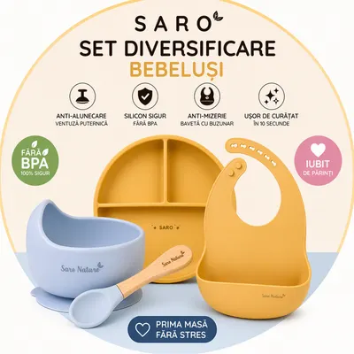 Set diversificare bebelusi Saro Mustar-Bleu farfurie din silicon, bol cu ventuza, baveta, lingurita ergonomica si cana pentru antrenament