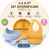 Set diversificare bebelusi Saro Mustar-Bleu farfurie din silicon, bol cu ventuza, baveta, lingurita ergonomica si cana pentru antrenament