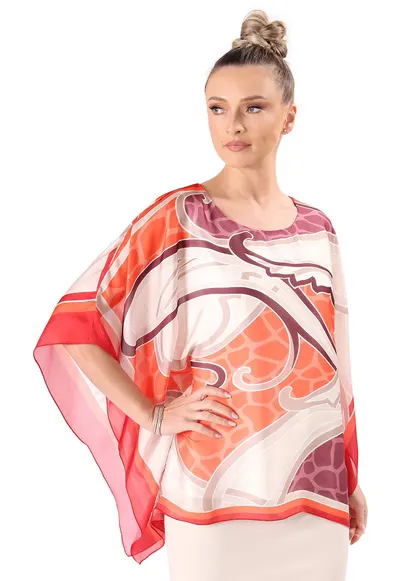 Bluza eleganta tip fluture din voal imprimat BXG-EYP - Rosu vermillion - S