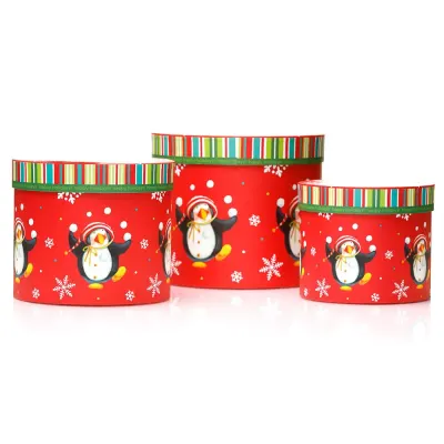 Set 3 cutii rotunde Crăciun - model pinguini