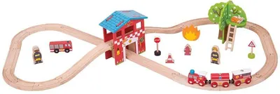 Set din lemn Bigjigs - Trenulet cu statie de pompieri si accesorii