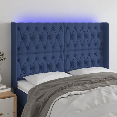 vidaXL Tăblie de pat cu LED, albastru, 163x16x118/128 cm, textil