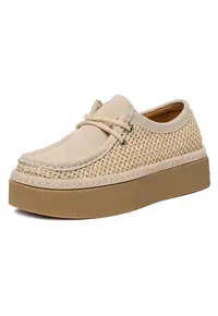 Mocasini dama bej - textil - platforma usoara - inchidere cu sireturi