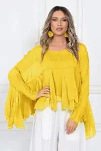 Bluza din matase naturala si vascoza cu volane tip cascada, croi lejer, galbena