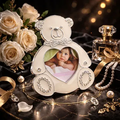 Ramă Foto Copii AZAY Ursuleț cu Cristale, 8x9 cm, Ramă Foto Bebe Decorativă, Cadou Nou-Născut, Cutie Cadou Inclusă