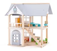 Casă de păpuși din lemn cu etaj, balcon detașabil, 2 personaje și mobilier